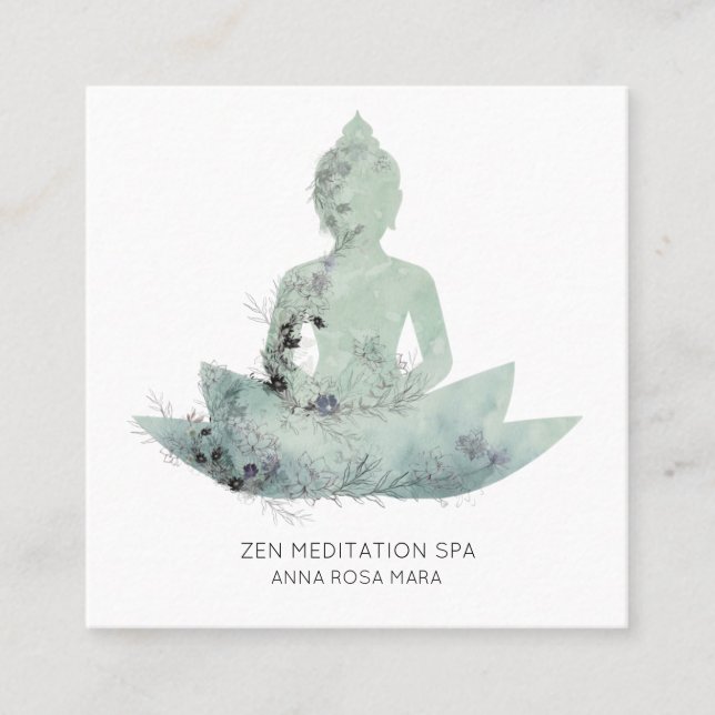 *~* Floral Lotus Buddha Meditation QR AP33 SAGE Square Business Card (Front)