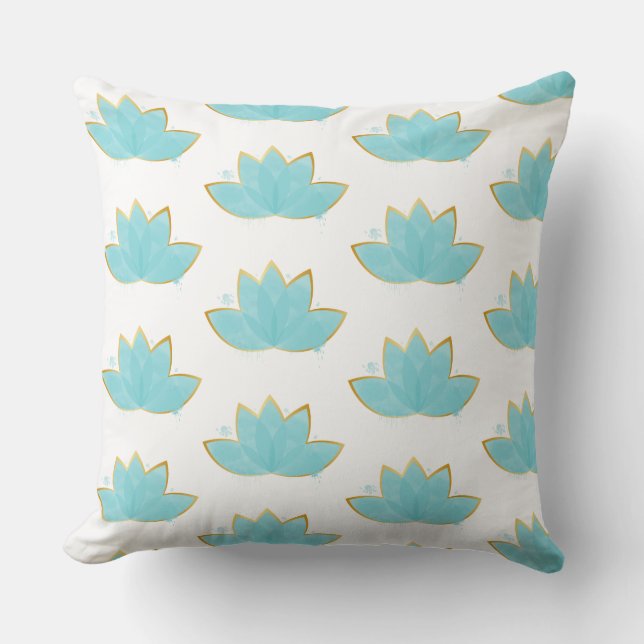 Floral Lotus Watercolor Seafoam Blue & Faux Gold Cushion (Front)