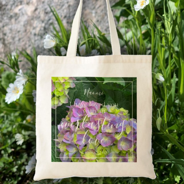 Floral Love Bible Verse Customise Monogram & Photo Tote Bag (Elegant custom text monogram tote bag. Add photo or keep hydrangea original photo. Everlasting love.)