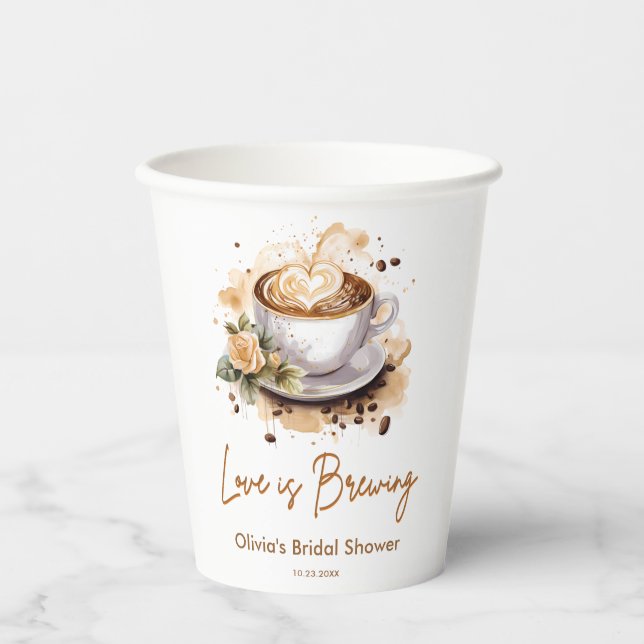 Floral Love is Brewing Brown Coffee Bridal Shower  Paper Cups (Front)