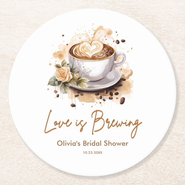 Floral Love is Brewing Brown Coffee Bridal Shower  Round Paper Coaster (Front)