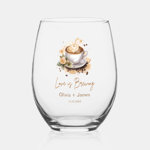 Floral Love is Brewing Brown Coffee Bridal Shower  Stemless Wine Glass
