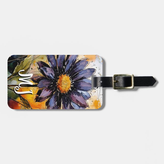 Floral luggage tag with personalised monogram (Front Horizontal)