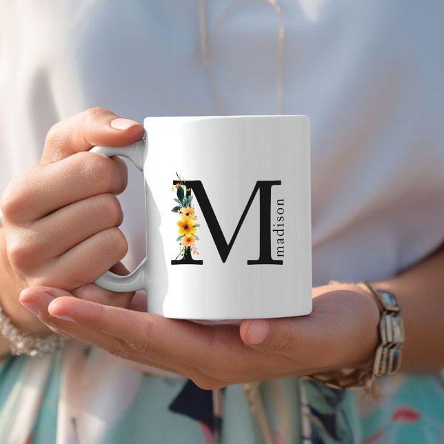 Floral M Monogram Mug with Editable Name (Floral M Monogram Mug with Editable Name. Yellow, Orange & Greenery Watercolor Flowers.)