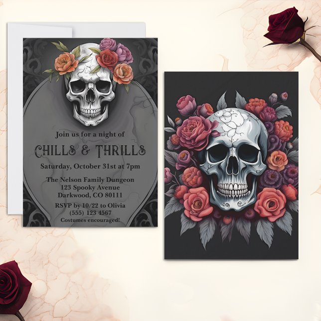 Floral Macabre Skull Halloween Party Invitations (🌹 Macabre Elegance: Floral Skull Halloween Invitations! 🦇)