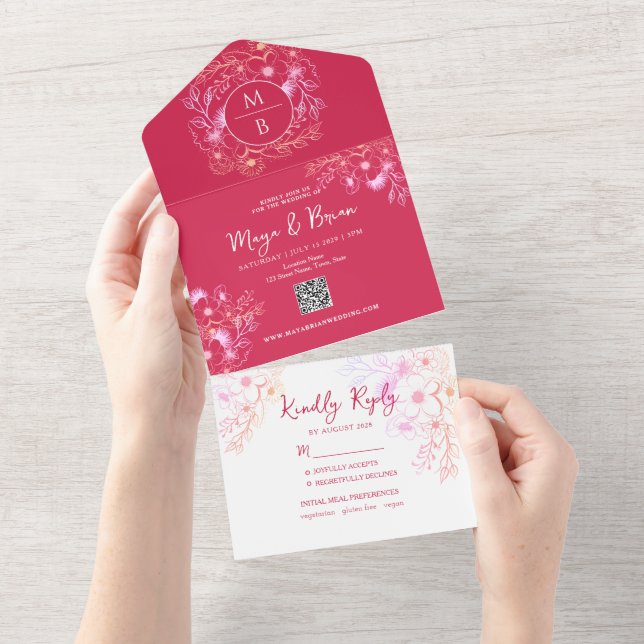 Floral Magenta All-in-One Wedding Invite (Tearaway)