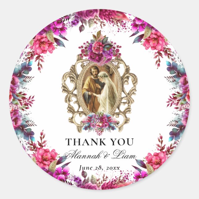 Floral Magenta Catholic Wedding Thank You Card Classic Round Sticker (Front)