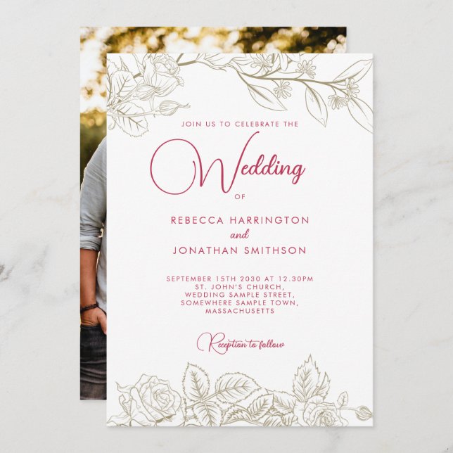 Floral Magenta Pink Gold Photo Wedding Invitation (Front/Back)