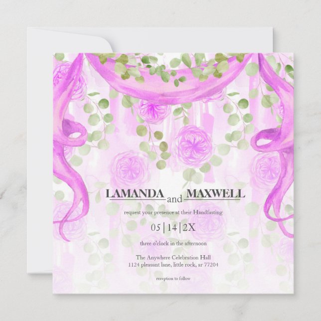 Floral Magenta Ribbon Handfasting Wedding Invitation (Front)
