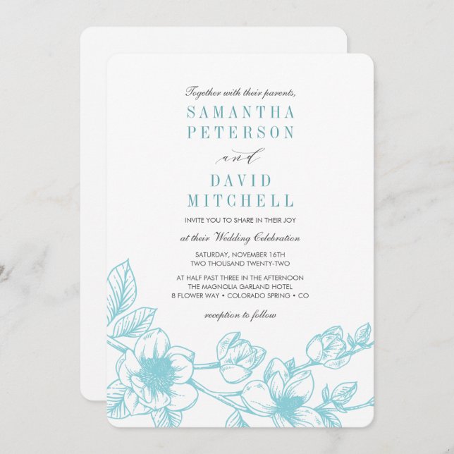 Floral Magnolia Branch | Pale Blue | Wedding Invitation (Front/Back)