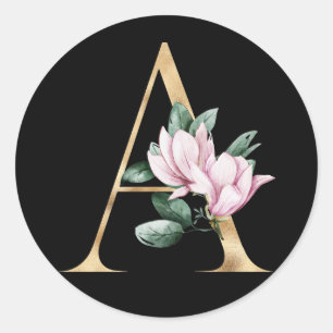 Floral magnolia monogram in gold classic round sticker