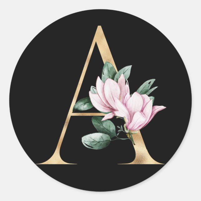 Floral magnolia monogram in gold classic round sticker (Front)