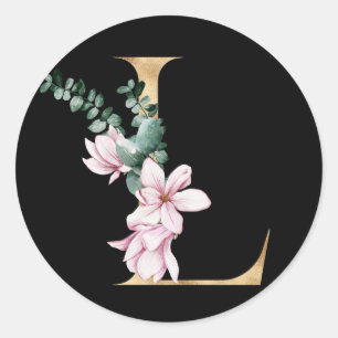 Floral magnolia monogram in gold letter L Classic Round Sticker