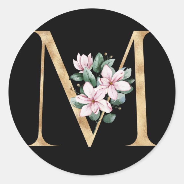 Floral magnolia monogram in gold letter M Classic Round Sticker (Front)