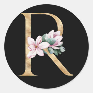 Floral magnolia monogram in gold letter R Classic Round Sticker