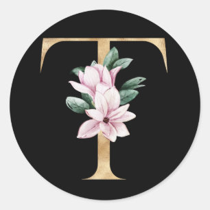 Floral magnolia monogram in gold letter T Classic Round Sticker