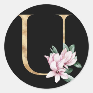 Floral magnolia monogram in gold letter U Classic Round Sticker