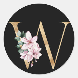 Floral magnolia monogram in gold letter W Classic Round Sticker