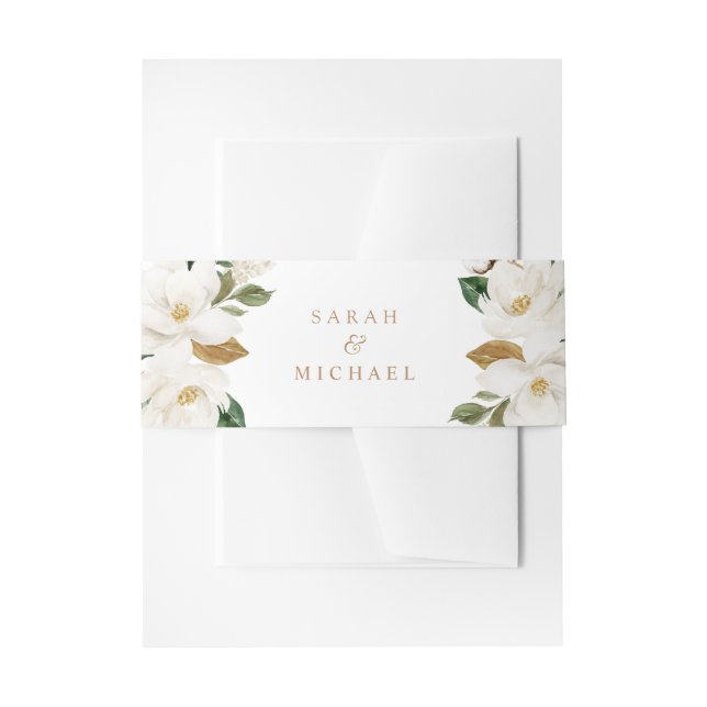 Floral Magnolia Neutral Beige Wedding Elegant Invitation Belly Band (Front Example)