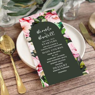 Floral Magnolia Peony Dark Green Wedding Menu