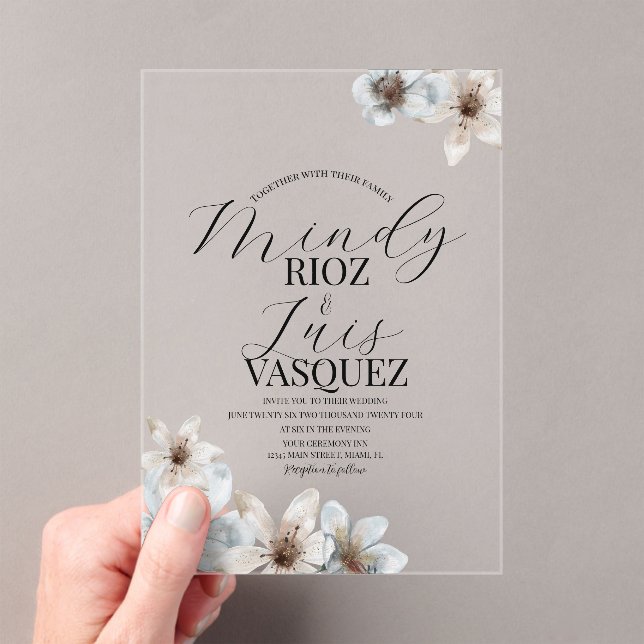 Floral Magnolia Watercolor Wedding Script Black  Acrylic Invitations (Insitu (Handheld))