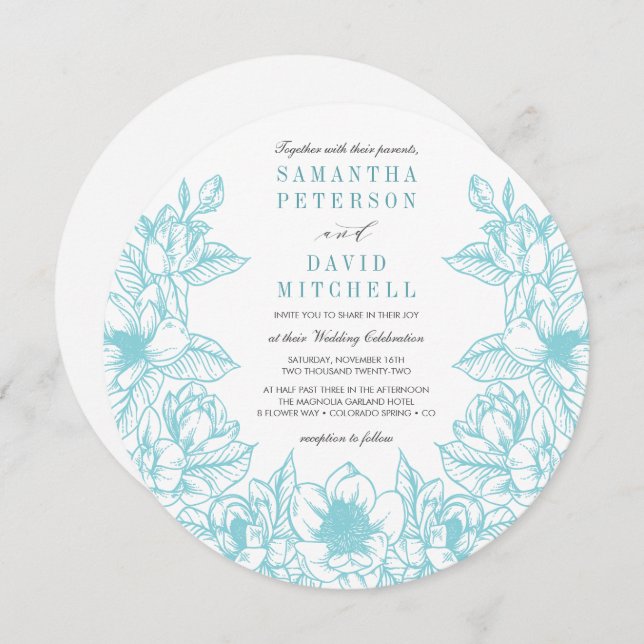 Floral Magnolia Wreath | Pale Blue | Wedding Invitation (Front/Back)