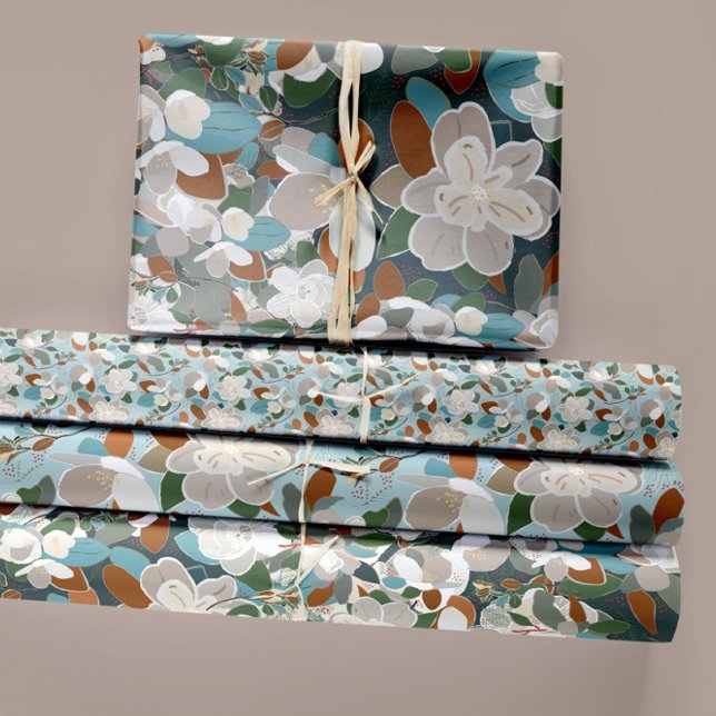 Floral Magnolias Decoupage Wrapping Paper Sheet (Modern Abstract Magnolia Floral Blue Gray Wrapping Paper Sheets from Studio Posies.)