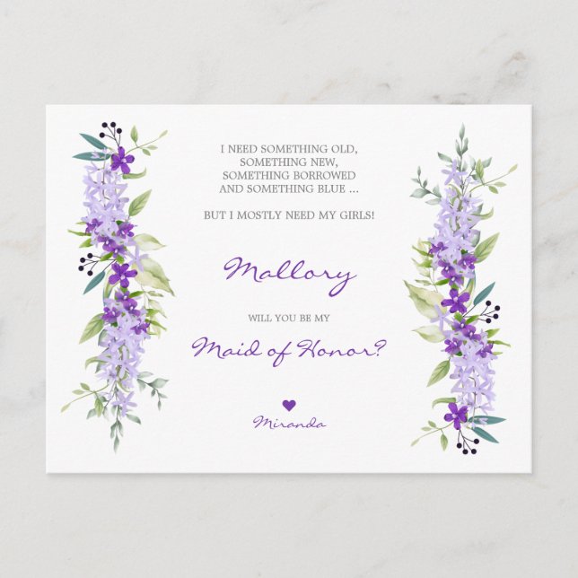 Floral maid of Honor Proposal in Lillac Shades Invitation Postcard (Front)