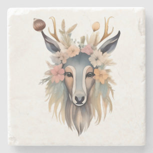 Floral Majesty: Deer with Blossoms and Feathers Stone Coaster