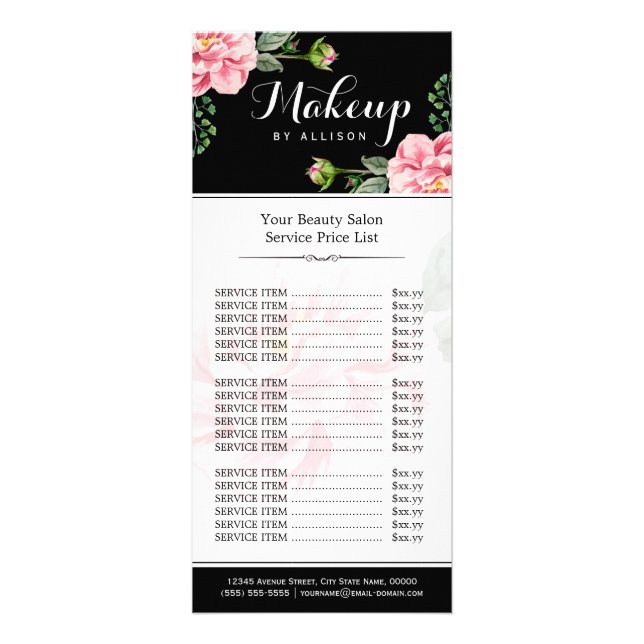Floral Makeup Artist Beauty Salon Girly Price List Rack Card (Front)