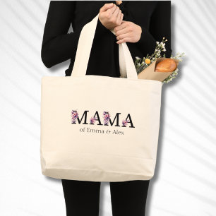 Floral Mama Text Personalised Kids Names Large Tote Bag
