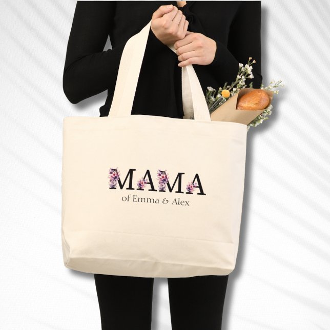 Floral Mama Text Personalised Kids Names Large Tote Bag (Creator Uploaded)
