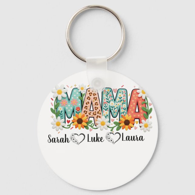 Floral Mama with Kids Names Keychain (Front)