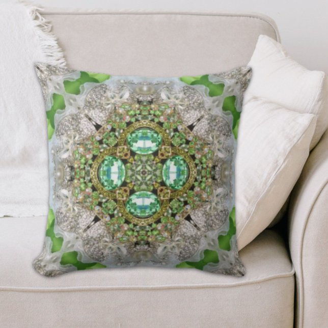 Floral mandala bling emerald green rhinestone cushion (Chic Bohemian Vintage Fashion teal emerald green Throw Pillow)