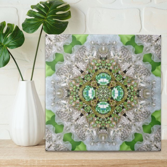 Floral mandala bling emerald green rhinestone tile (Chic Bohemian Vintage Fashion teal emerald green Tile)