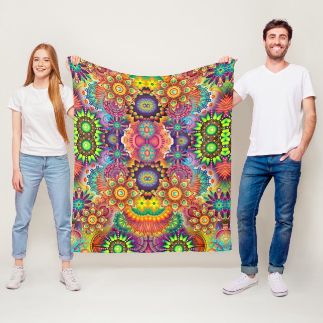 Floral Mandala Collage Psychedelic Fleece Blanket (In Situ)