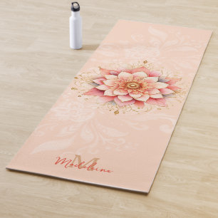 Floral Mandala Coral Pink Gold Chic Name Monogram Yoga Mat