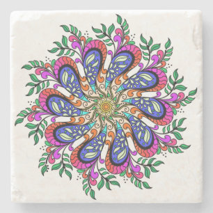 Floral Mandala Design in pretty blues and pinks Stone Coaster
