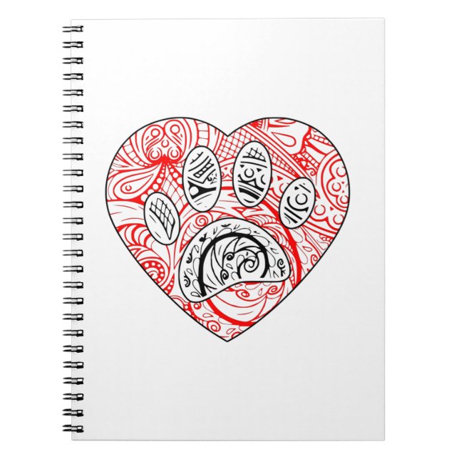 Floral Mandala Dog Paw Print Red Heart Notebook (Front)