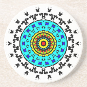 Floral Mandala Drink Coaster Cyan Gold