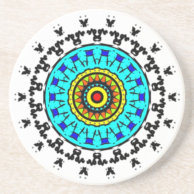 Floral Mandala Drink Coaster Cyan Gold (Front)