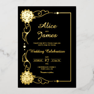 Floral Mandala Elegant Black Gold Foil Wedding