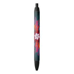 Floral Mandala Flowers Orange Red Blue Abstract Black Ink Pen