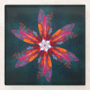 Floral Mandala Flowers Orange Red Blue Abstract Glass Coaster