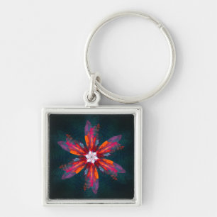 Floral Mandala Flowers Orange Red Blue Abstract Key Ring