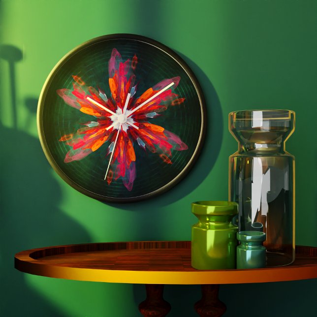 Floral Mandala Flowers Orange Red Blue Abstract Large Clock (Floral Mandala Flowers Orange Red Blue Abstract Clock)