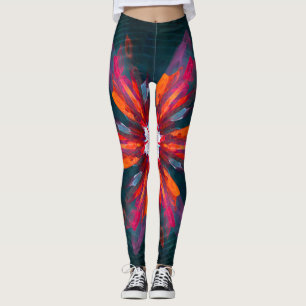 Floral Mandala Flowers Orange Red Blue Abstract Leggings