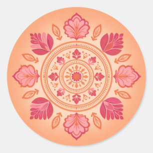 Floral mandala illustration on a peach background classic round sticker