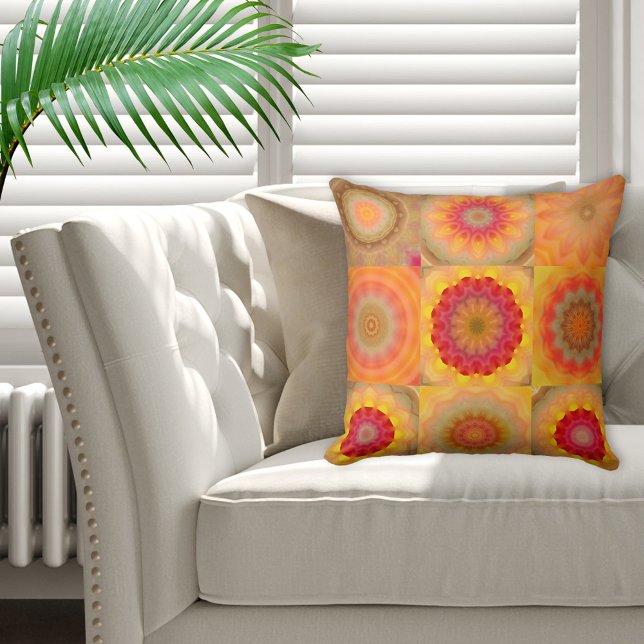 Floral Mandala Patchwork or Quilt Pattern Pillow (Pillow with an abstract art original flower pattern in quilt or patchwork style in warm colors. )