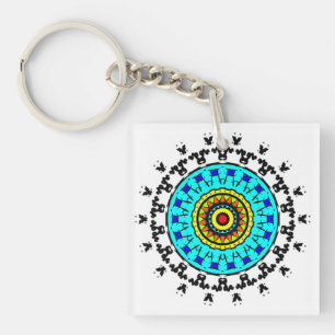 Floral Mandala Seamless Pattern Vivid Cyan Gold Key Ring